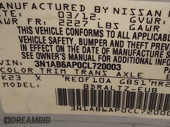 2012 Nissan Sentra 2.0 с VIN 3N1AB6AP0CL720003, выставлен на аукционе IAAI как лот 42350504 с пробегом 315 680 миль миль и . История ставок и продаж доступна на DreamBid. Изображение 9.