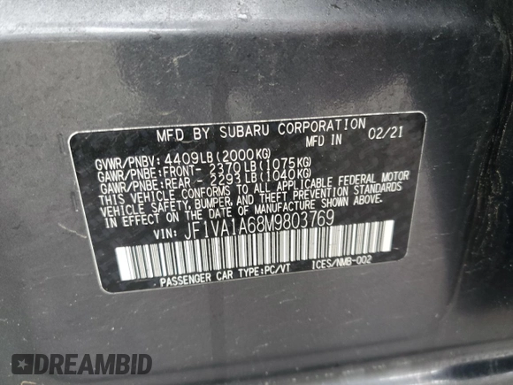 2021 Subaru WRX with VIN JF1VA1A68M9803769, listed as a Copart auction lot 44733885 with 0 mi miles and Salvage Title. Bid and sale history available at carsss.com. Image 12.