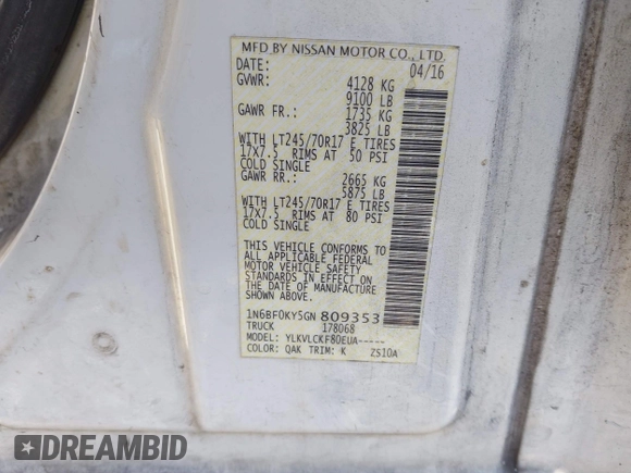 2016 Nissan NV SL with VIN 1N6BF0KY5GN809353, listed as a IAAI auction lot 41446419 with 190,805 mi miles and . Bid and sale history available at DreamBid. Image 9.