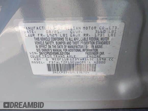 2021 Nissan Kicks SR with VIN 3N1CP5DV5ML531704, listed as a IAAI auction lot 42023077 with 55,452 mi miles and . Bid and sale history available at DreamBid. Image 9.