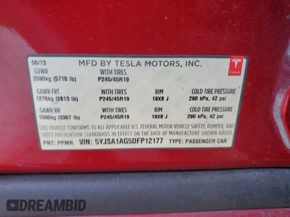 2013 Tesla Model S with VIN 5YJSA1AG5DFP12177, listed as a Copart auction lot 61846195 with 130,668 mi miles and Salvage title. Bid and sale history available at DreamBid. Image 12.