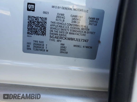2024 Buick Enclave Premium with VIN 5GAERCKW8RJ117347, listed as a Copart auction lot 87405814 with Not Provided miles and Salvage Title. Bid and sale history available at carsss.com. Image 14.