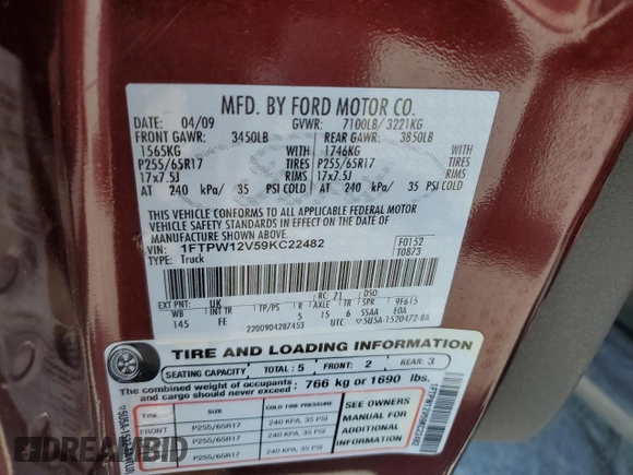 2009 Ford F-150 XL with VIN 1FTPW12V59KC22482, listed as a Copart auction lot 53096235 with 222,311 mi miles and Salvage Title. Bid and sale history available at carsss.com. Image 12.