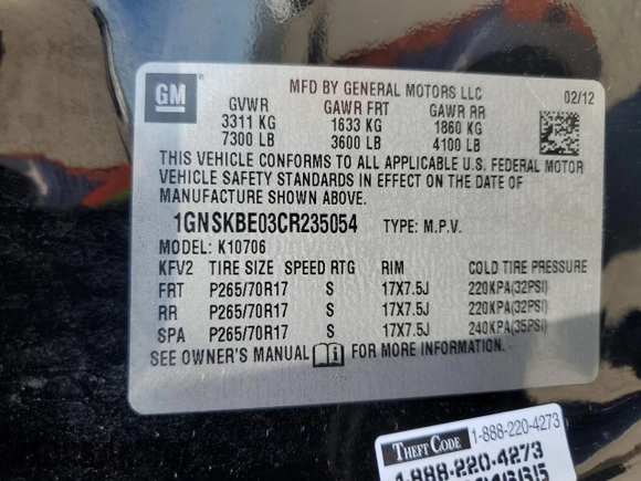 2012 Chevrolet Tahoe LT z VIN 1GNSKBE03CR235054, wystawiony jako Copart lot #47455285 z przebiegiem 174 217 mil mil oraz Szkoda całkowita • Salvage title. Historia ofert i sprzedaży dostępna na DreamBid. Obrazek 13.