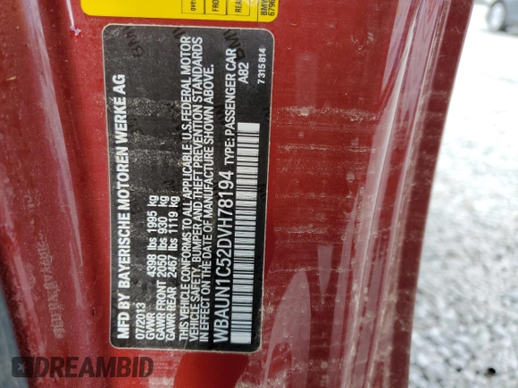 2013 BMW 1 Series 128i with VIN WBAUN1C52DVH78194, listed as a Copart auction lot 74970384 with Not provided miles and Salvage title. Bid and sale history available at DreamBid. Image 12.