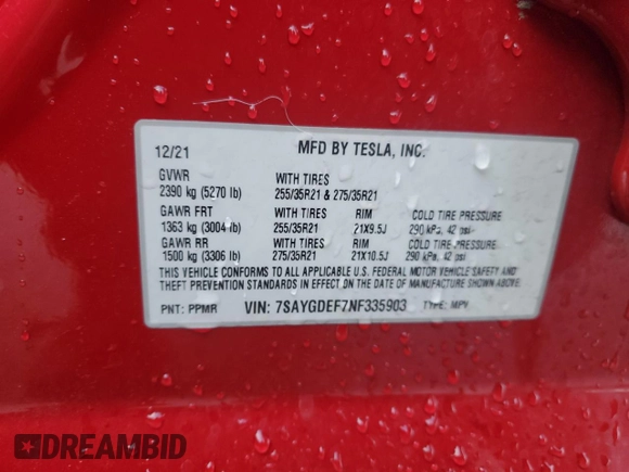 2022 Tesla Model Y Performance с VIN 7SAYGDEF7NF335903, выставлен на аукционе Copart как лот 48883035 с пробегом 73 132 миль миль и Списание • Salvage title. История ставок и продаж доступна на DreamBid. Изображение 15.