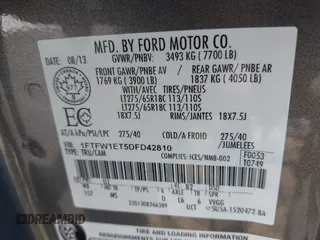 2013 Ford F-150 XL with VIN 1FTFW1ET5DFD42810, listed as a IAAI auction lot 42681301 with 154,021 mi miles and . Bid and sale history available at DreamBid. Image 9.