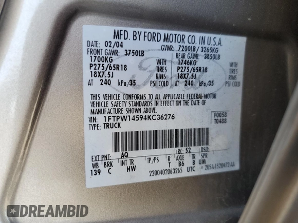 2004 Ford F-150 XLT with VIN 1FTPW14594KC36276, listed as a Copart auction lot 64606035 with 260,886 mi miles and Salvage title. Bid and sale history available at DreamBid. Image 12.