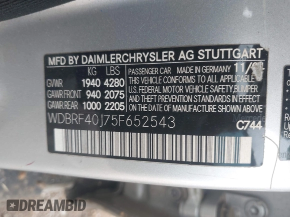 2005 Mercedes-Benz C 230 Kompressor with VIN WDBRF40J75F652543, listed as a IAAI auction lot 42354324 with 158,490 mi miles and . Bid and sale history available at DreamBid. Image 9.