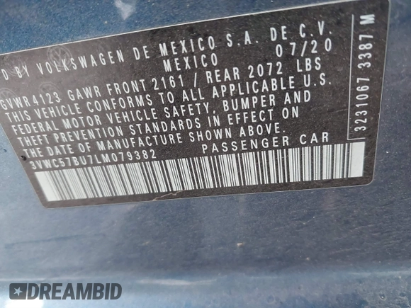2020 Volkswagen Jetta S with VIN 3VWC57BU7LM079382, listed as a IAAI auction lot 40751902 with 46,816 mi miles and . Bid and sale history available at DreamBid. Image 9.