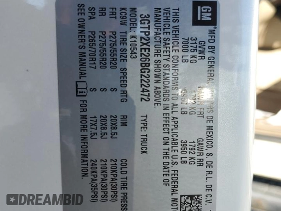 2011 GMC Sierra 1500 Denali z VIN 3GTP2XE26BG222472, wystawiony jako Copart lot #42186215 z przebiegiem Nie podano mil oraz Nie do naprawy • Non repairable. Historia ofert i sprzedaży dostępna na DreamBid. Obrazek 13.