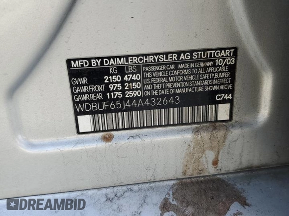2004 Mercedes-Benz E 320 with VIN WDBUF65J44A432643, listed as a Copart auction lot 46621285 with Not Provided miles and Salvage Title. Bid and sale history available at carsss.com. Image 14.