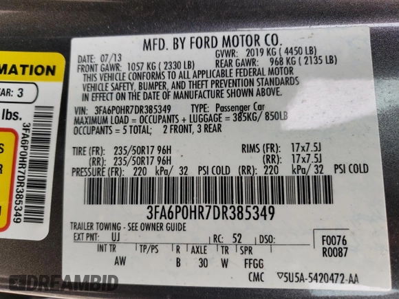 2013 Ford Fusion SE with VIN 3FA6P0HR7DR385349, listed as a Copart auction lot 51852515 with 177,574 mi miles and Clean Title. Bid and sale history available at DreamBid. Image 12.