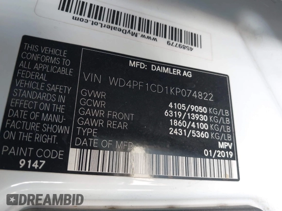 2019 Mercedes-Benz Sprinter Cargo z VIN WD4PF1CD1KP074822, wystawiony jako IAAI lot #40303744 z przebiegiem Nie podano mil oraz . Historia ofert i sprzedaży dostępna na DreamBid. Obrazek 9.