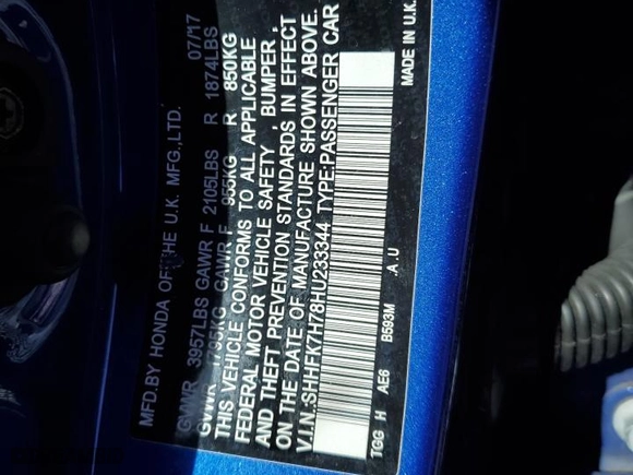 2017 Honda Civic Hatchback EX-L Navi with VIN SHHFK7H78HU233344, listed as a Copart auction lot 42784885 with 90,599 mi miles and Salvage Title. Bid and sale history available at carsss.com. Image 12.