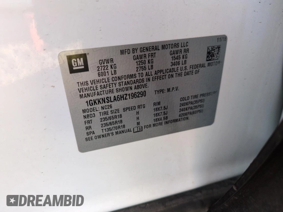 2017 GMC Acadia SLE with VIN 1GKKNSLA6HZ196290, listed as a Copart auction lot 42582205 with 61,465 mi miles and Salvage Title. Bid and sale history available at carsss.com. Image 12.
