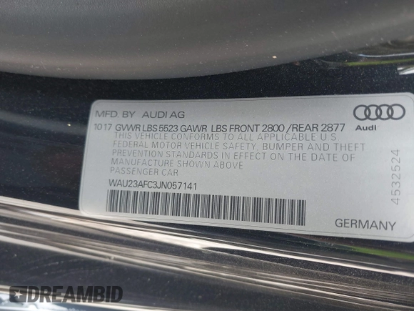 2018 Audi A7 Prestige with VIN WAU23AFC3JN057141, listed as a IAAI auction lot 42039747 with 66,095 mi miles. Bid and sale history available at carsss.com. Image 9.