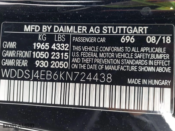 2019 Mercedes-Benz CLA with VIN WDDSJ4EB6KN724438, listed as a IAAI auction lot 41207827 with 72,561 mi miles. Bid and sale history available at carsss.com. Image 9.