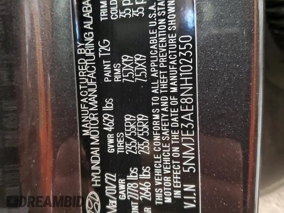 2022 Hyundai Tucson Limited with VIN 5NMJE3AE8NH102350, listed as a Copart auction lot 82377114 with 35,274 mi miles and Salvage title. Bid and sale history available at DreamBid. Image 15.