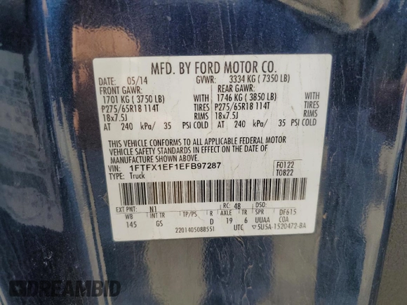 2014 Ford F-150 XL с VIN 1FTFX1EF1EFB97287, выставлен на аукционе Copart как лот 62287955 с пробегом 88 339 миль миль и Чистый • Clean title. История ставок и продаж доступна на DreamBid. Изображение 12.