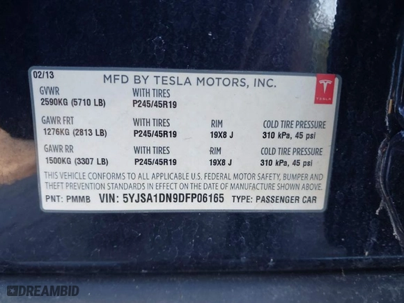 2013 Tesla Model S with VIN 5YJSA1DN9DFP06165, listed as a IAAI auction lot 40920844 with 181,342 mi miles. Bid and sale history available at carsss.com. Image 9.