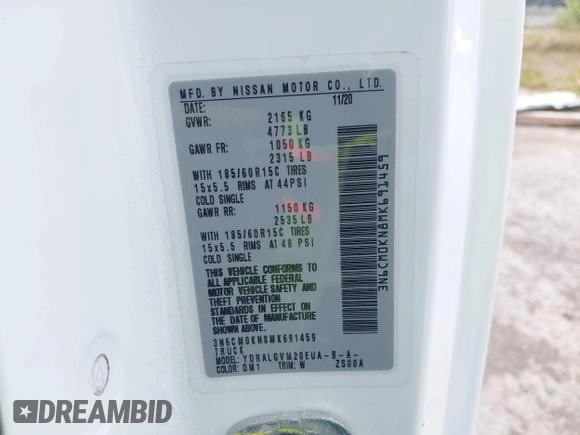 2021 Nissan NV200 SV with VIN 3N6CM0KN8MK691459, listed as a IAAI auction lot 42550228 with 56,964 mi miles and . Bid and sale history available at DreamBid. Image 9.