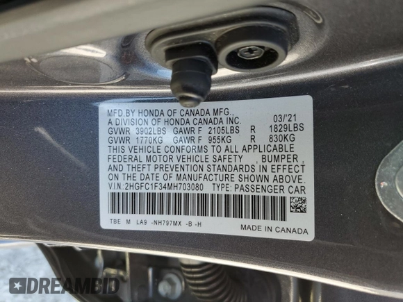2021 Honda Civic Sedan EX with VIN 2HGFC1F34MH703080, listed as a Copart auction lot 49089425 with 18,451 mi miles and Salvage Title. Bid and sale history available at carsss.com. Image 14.
