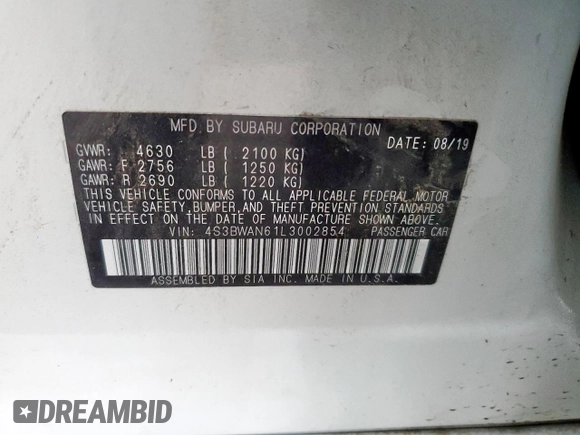 2020 Subaru Legacy Limited with VIN 4S3BWAN61L3002854, listed as a Copart auction lot 55146285 with 64,501 mi miles and Salvage title. Bid and sale history available at DreamBid. Image 12.