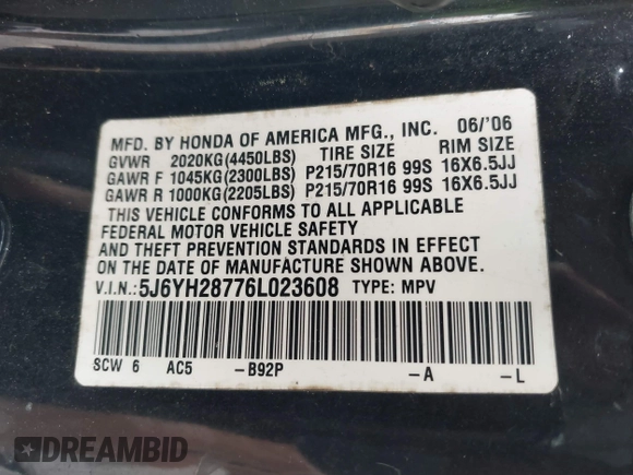 2006 Honda Element EX-P with VIN 5J6YH28776L023608, listed as a IAAI auction lot 42096864 with 159,233 mi miles and . Bid and sale history available at DreamBid. Image 9.