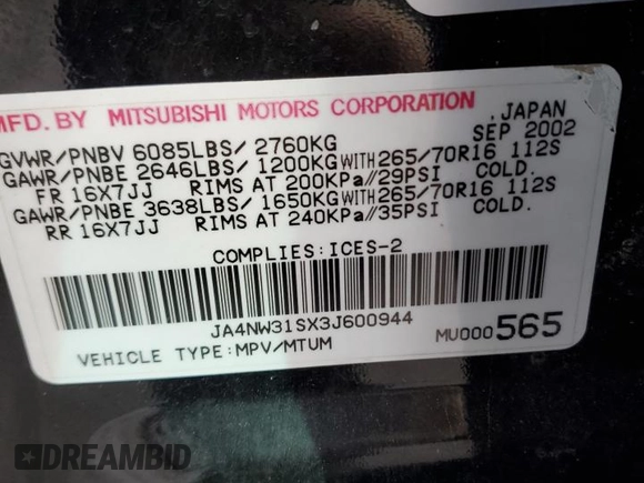 2003 Mitsubishi Montero z VIN JA4NW31SX3J600944, wystawiony jako Copart lot #87611305 z przebiegiem 215 693 mil mil oraz Czysty tytuł • Clean title. Historia ofert i sprzedaży dostępna na DreamBid. Obrazek 13.