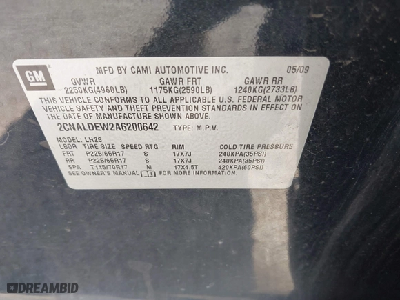 2010 Chevrolet Equinox LT w/1LT with VIN 2CNALDEW2A6200642, listed as a IAAI auction lot 40202685 with 212,877 mi miles. Bid and sale history available at carsss.com. Image 9.