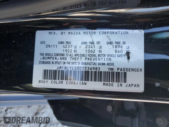 2012 Mazda 3 Mazdaspeed3 Touring with VIN JM1BL1L40C1536983, listed as a Copart auction lot 46609565 with 181,179 mi miles and Salvage Title. Bid and sale history available at DreamBid. Image 13.