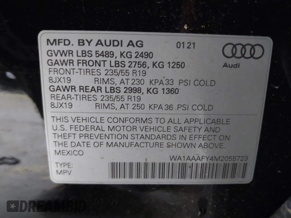 2021 Audi Q5 Premium with VIN WA1AAAFY4M2055723, listed as a IAAI auction lot 41563115 with 40,564 mi miles. Bid and sale history available at carsss.com. Image 9.