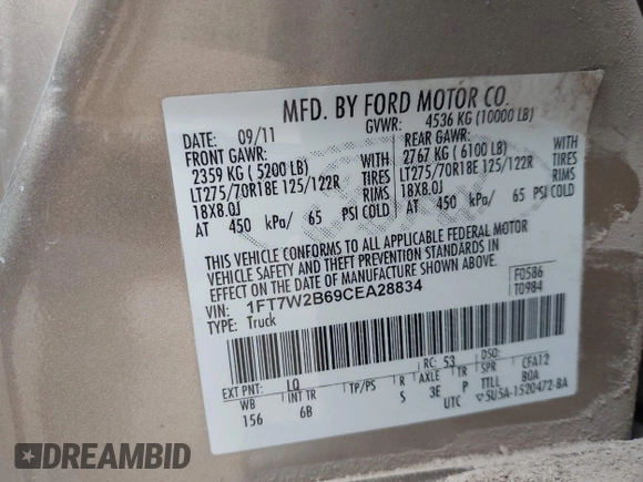 2012 Ford F-250 XL with VIN 1FT7W2B69CEA28834, listed as a IAAI auction lot 42277538 with 224,029 mi miles and . Bid and sale history available at DreamBid. Image 9.