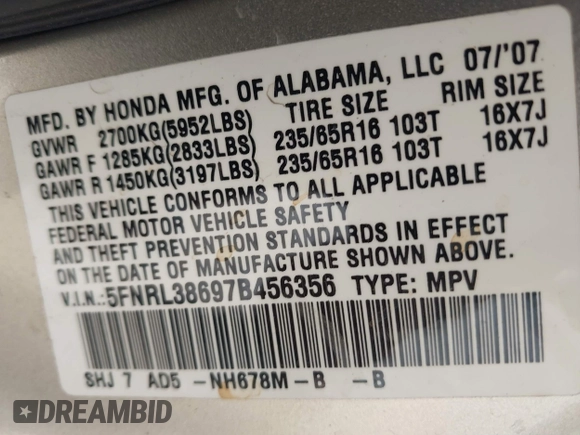 2007 Honda Odyssey EX-L with VIN 5FNRL38697B456356, listed as a IAAI auction lot 41587139 with 194,544 mi miles. Bid and sale history available at carsss.com. Image 9.