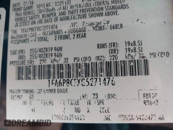 2016 Ford Mustang GT with VIN 1FA6P8CFXG5271476, listed as a IAAI auction lot 41768721 with 156,792 mi miles. Bid and sale history available at carsss.com. Image 9.