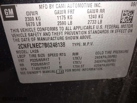 2011 Chevrolet Equinox LT w/2LT with VIN 2CNFLNEC7B6248138, listed as a IAAI auction lot 40964491 with 159,186 mi miles. Bid and sale history available at carsss.com. Image 9.