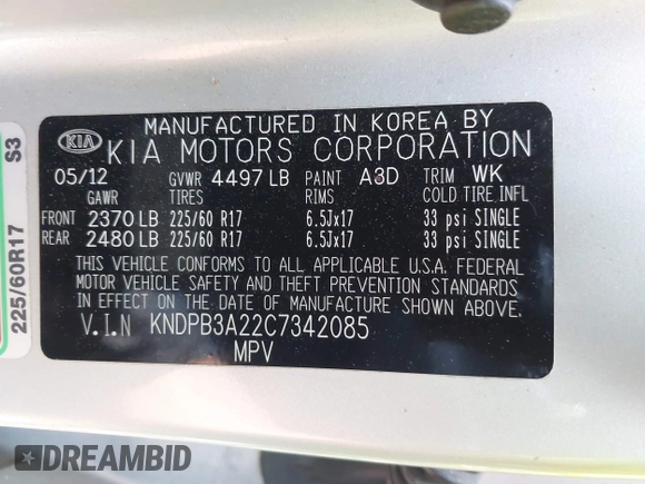 2012 Kia Sportage LX with VIN KNDPB3A22C7342085, listed as a IAAI auction lot 42313425 with 112,005 mi miles and . Bid and sale history available at DreamBid. Image 9.