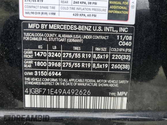 2009 Mercedes-Benz GL 450 with VIN 4JGBF71E49A492626, listed as a Copart auction lot 51293385 with 216,690 mi miles and Salvage Title. Bid and sale history available at DreamBid. Image 13.