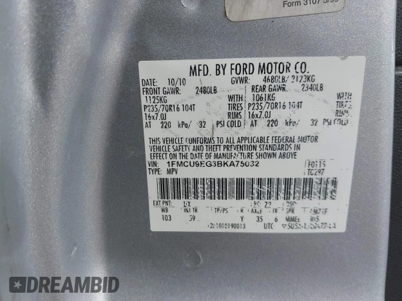 2011 Ford Escape Limited with VIN 1FMCU9EG3BKA75032, listed as a IAAI auction lot 41814428 with 177,984 mi miles and . Bid and sale history available at carsss.com. Image 9.