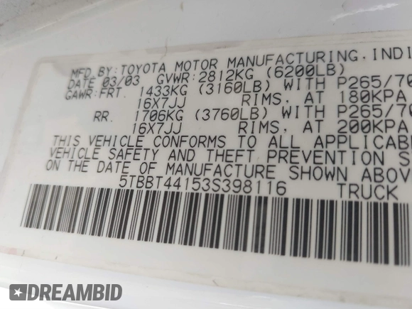 2003 Toyota Tundra SR5 with VIN 5TBBT44153S398116, listed as a IAAI auction lot 41895907 with 317,313 mi miles and . Bid and sale history available at DreamBid. Image 9.