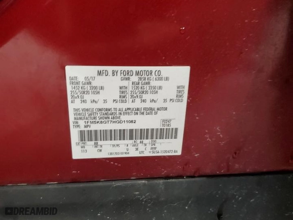 2017 Ford Explorer Sport with VIN 1FM5K8GT7HGD11082, listed as a Copart auction lot 85880304 with 92,934 mi miles and Salvage Title. Bid and sale history available at carsss.com. Image 16.