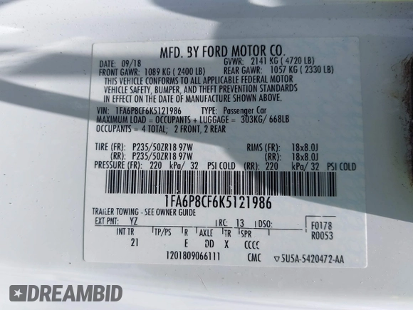 2019 Ford Mustang GT with VIN 1FA6P8CF6K5121986, listed as a IAAI auction lot 42150544 with 46,653 mi miles and . Bid and sale history available at DreamBid. Image 9.