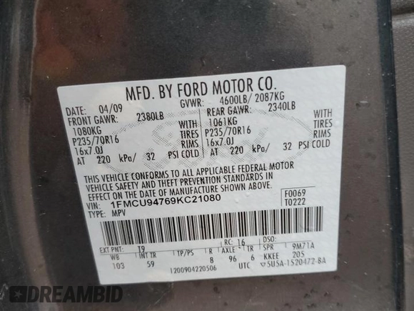 2009 Ford Escape Limited with VIN 1FMCU94769KC21080, listed as a Copart auction lot 65809795 with 171,483 mi miles and Salvage title. Bid and sale history available at DreamBid. Image 12.