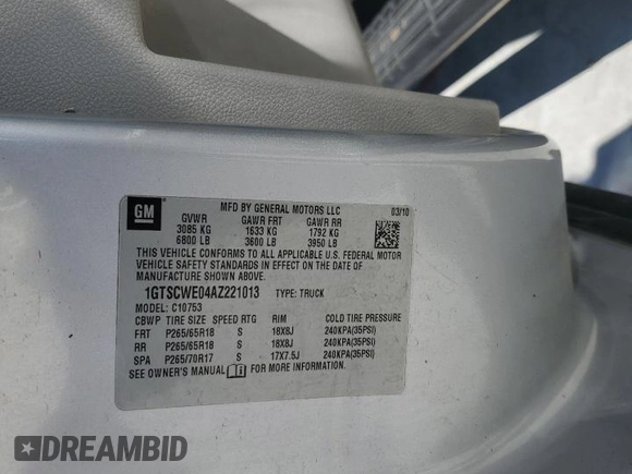 2010 GMC Sierra 1500 with VIN 1GTSCWE04AZ221013, listed as a Copart auction lot 46502985 with 232,338 mi miles and Salvage Title. Bid and sale history available at DreamBid. Image 13.