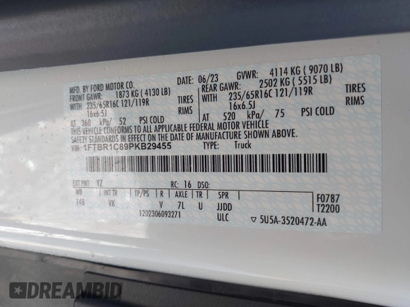 2023 Ford Transit Cargo with VIN 1FTBR1C89PKB29455, listed as a IAAI auction lot 41839680 with 21,570 mi miles. Bid and sale history available at carsss.com. Image 9.