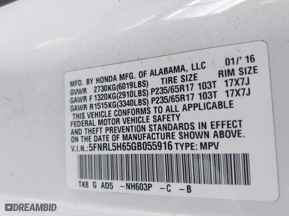 2016 Honda Odyssey EX-L with VIN 5FNRL5H65GB055916, listed as a IAAI auction lot 41980339 with 87,497 mi miles. Bid and sale history available at carsss.com. Image 9.