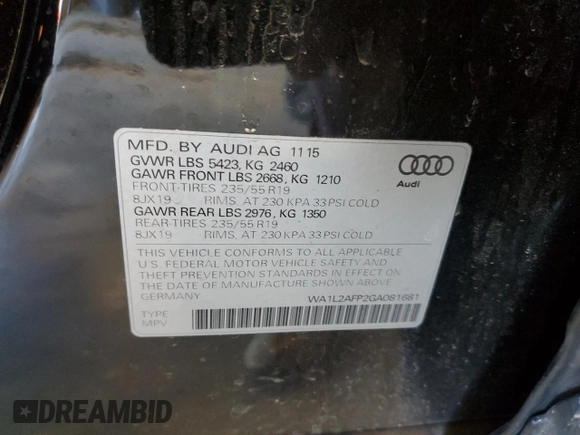 2016 Audi Q5 Premium Plus с VIN WA1L2AFP2GA081681, выставлен на аукционе Copart как лот 49495935 с пробегом 108 248 миль миль и На запчасти • Non repairable. История ставок и продаж доступна на DreamBid. Изображение 12.