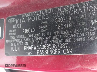 2011 Kia Forte SX with VIN KNAFW4A36B5387987, listed as a IAAI auction lot 41421863 with 157,305 mi miles. Bid and sale history available at carsss.com. Image 9.
