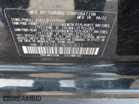 2022 Subaru Crosstrek with VIN JF2GTAAC0NG263612, listed as a IAAI auction lot 41620713 with 35,782 mi miles and . Bid and sale history available at DreamBid. Image 9.